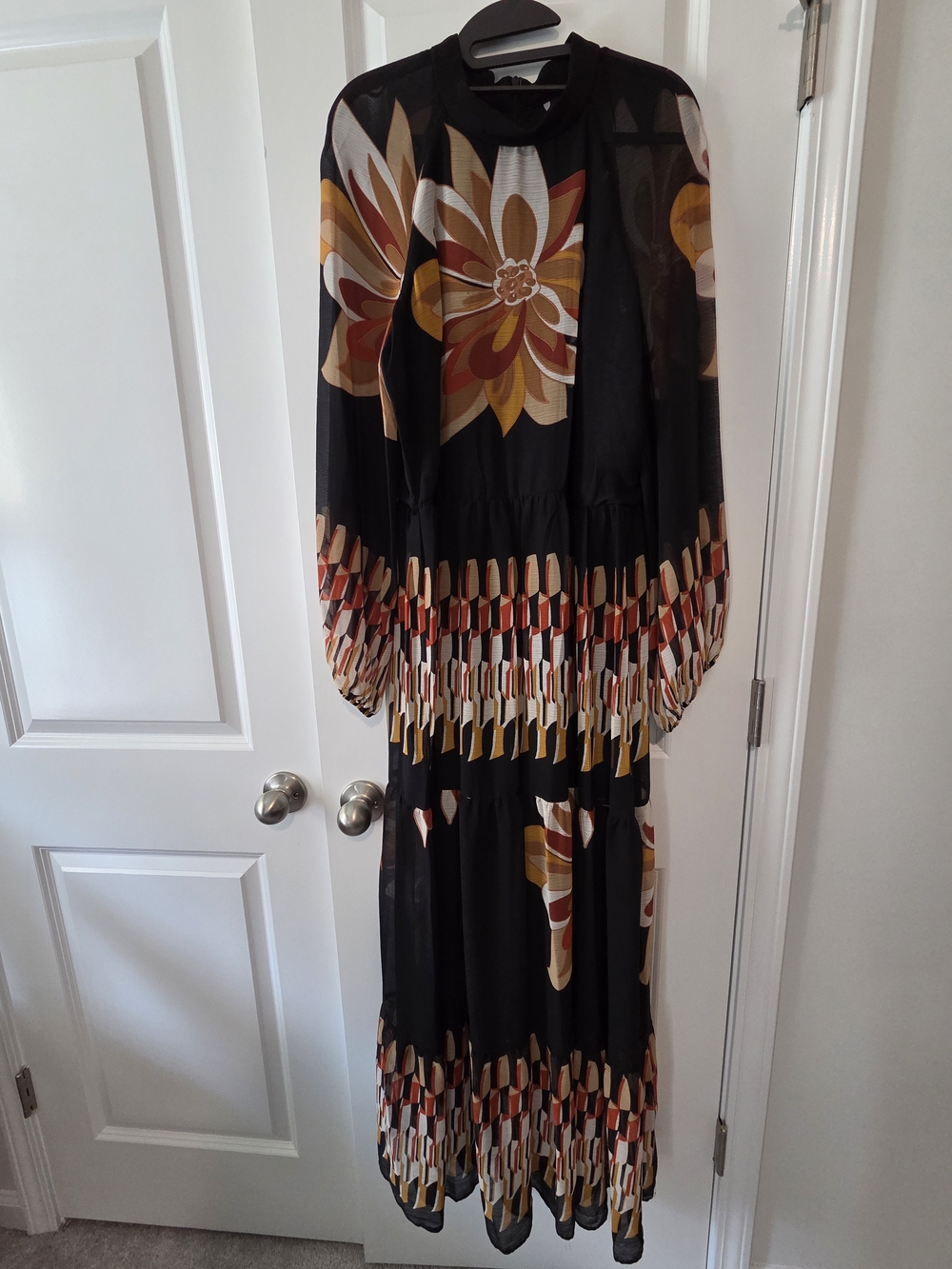 Vintage-Inspired Black Floral Maxi Dress with Warm Blooms